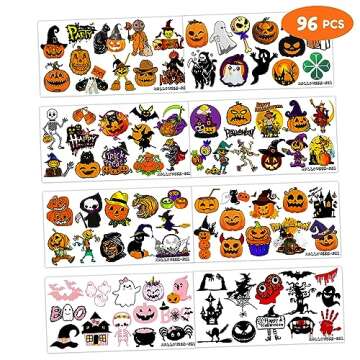 8 Sheets (96PCS) Halloween Temporary Tattoos Themed Boo Birthday Party Decorations Supplies Favors Decor Tattoo Stickers for Kids Women Adults Gifts Prizes Rewards