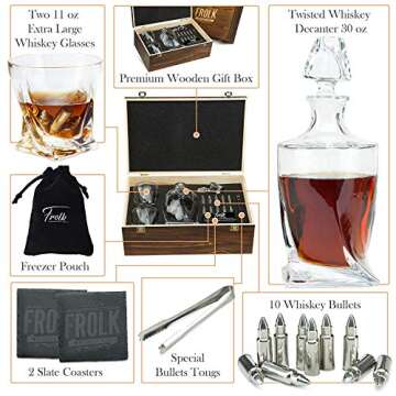 Luxury Whiskey Decanter Gift Set with Stainless Steel Stones & Coasters