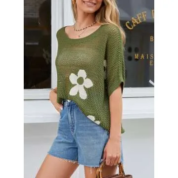 Dokotoo Womens Juniors Floral Summer Crochet Hollow Out Sweaters Tops 2025 Round Neck Short Sleeve Pullover Shirt Lightweight Knit Tops Blouse Bathing Suit for Women,Vineyard Green Large