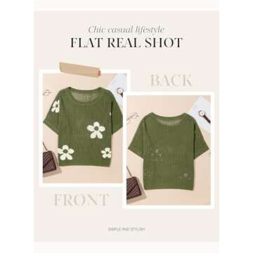 Dokotoo Womens Juniors Floral Summer Crochet Hollow Out Sweaters Tops 2025 Round Neck Short Sleeve Pullover Shirt Lightweight Knit Tops Blouse Bathing Suit for Women,Vineyard Green Large