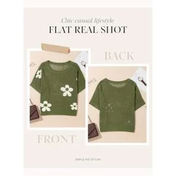 Dokotoo Womens Juniors Floral Summer Crochet Hollow Out Sweaters Tops 2025 Round Neck Short Sleeve Pullover Shirt Lightweight Knit Tops Blouse Bathing Suit for Women,Vineyard Green Large
