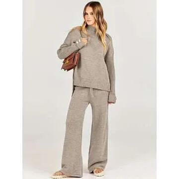 Caracilia Womens 2 Piece Sweater Set Knit Pullover Wide Leg Pants Lounge Matching Sets 2024 Fall Fas...