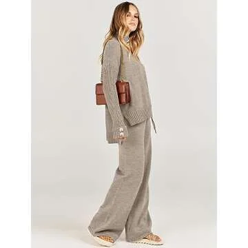 Caracilia Womens 2 Piece Sweater Set Knit Pullover Wide Leg Pants Lounge Matching Sets 2024 Fall Fashion Travel Outfits Camel Medium