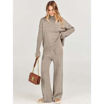 Caracilia Womens 2 Piece Sweater Set Knit Pullover Wide Leg Pants Lounge Matching Sets 2024 Fall Fashion Travel Outfits Camel Medium