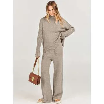 Caracilia Womens 2 Piece Sweater Set Knit Pullover Wide Leg Pants Lounge Matching Sets 2024 Fall Fashion Travel Outfits Camel Medium
