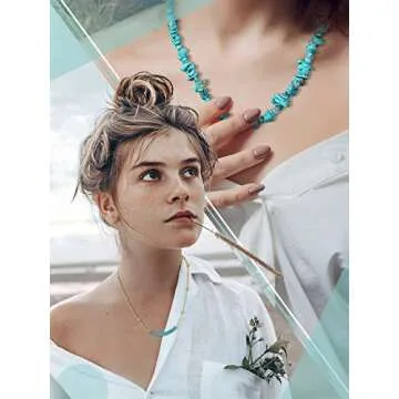 Estune 6 Pcs Boho Necklaces for Women Gold and Turquoise Necklace Suede Choker Western Leather Jewelry Long Chain Tassels choker(Bead Style)