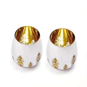 Crystal Christmas Tree Stemless Wine & Water Glasses - Set of 2 - Holiday Themed Vibrant Gold Etched...