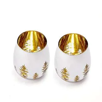 Crystal Christmas Tree Stemless Wine & Water Glasses - Set of 2 - Holiday Themed Vibrant Gold Etched...