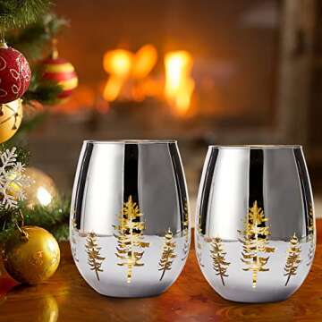 Crystal Christmas Tree Stemless Wine & Water Glasses - Set of 2 - Holiday Themed Vibrant Gold Etched Winter Snow Wonderland Frosted Glass, Perfect For Seasonal Parties, Gifts for Him & Her Trees Décor