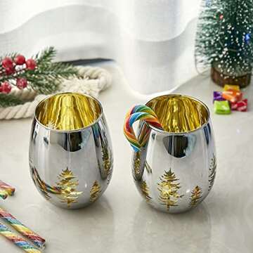 Crystal Christmas Tree Stemless Wine & Water Glasses - Set of 2 - Holiday Themed Vibrant Gold Etched Winter Snow Wonderland Frosted Glass, Perfect For Seasonal Parties, Gifts for Him & Her Trees Décor
