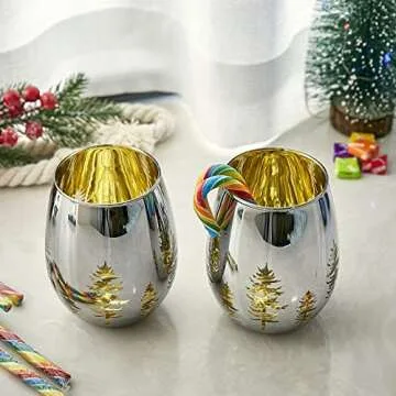 Crystal Christmas Tree Stemless Wine & Water Glasses - Set of 2 - Holiday Themed Vibrant Gold Etched Winter Snow Wonderland Frosted Glass, Perfect For Seasonal Parties, Gifts for Him & Her Trees Décor