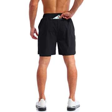 Pudolla Men’s 2 in 1 Running Shorts 7" Quick Dry Gym Athletic Workout Shorts for Men with Phone Pockets(Black XX-Large)