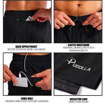 Pudolla Men’s 2 in 1 Running Shorts 7" Quick Dry Gym Athletic Workout Shorts for Men with Phone Pockets(Black XX-Large)