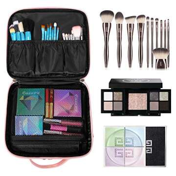 ibeacos Makeup Bag Double-Layer Cosmetic Train Case for Women Girls Large Leather Makeup Box with Shoulder Strap, Luggage Strap, Mirror, Removable Dividers, Brush Section for Travel, Rose Gold