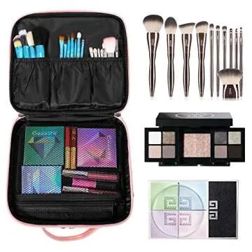 ibeacos Makeup Bag Double-Layer Cosmetic Train Case for Women Girls Large Leather Makeup Box with Shoulder Strap, Luggage Strap, Mirror, Removable Dividers, Brush Section for Travel, Rose Gold