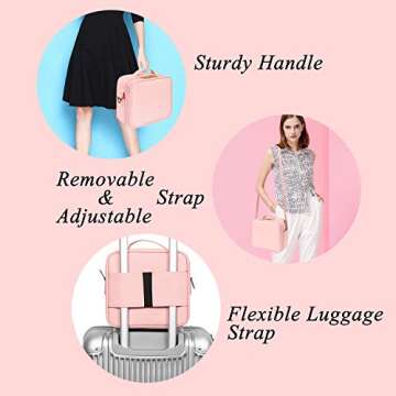 ibeacos Makeup Bag Double-Layer Cosmetic Train Case for Women Girls Large Leather Makeup Box with Shoulder Strap, Luggage Strap, Mirror, Removable Dividers, Brush Section for Travel, Rose Gold