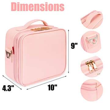 ibeacos Makeup Bag Double-Layer Cosmetic Train Case for Women Girls Large Leather Makeup Box with Shoulder Strap, Luggage Strap, Mirror, Removable Dividers, Brush Section for Travel, Rose Gold