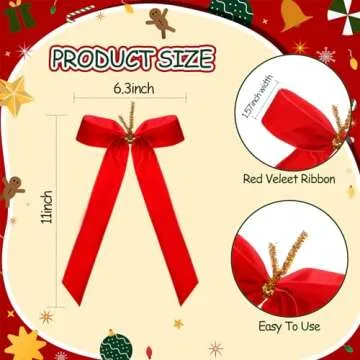 Riceshoot 30 Pcs Velvet Christmas Bow for Christmas Tree, Rustic Crafts Gift Bows, Christmas Garland, Large Gifts, Parties, Indoor or Outdoor Christmas Decorations, 6.3 x 11 Inch(Red)