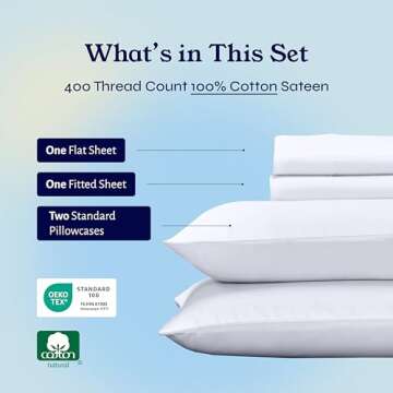 California Design Den Full Size Bed Sheets, 400 Thread Count 100% Cotton Sheets Sateen, Deep Pocket Full Size Sheet Sets, Soft & Breathable Cotton Bed Sheets, Cooling Sheets Full Size Bed Set (White)