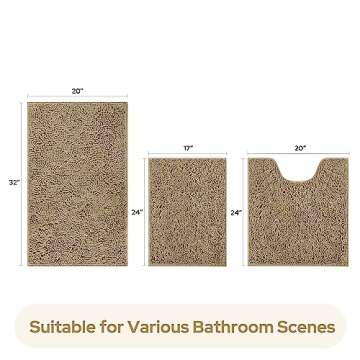 HOMEIDEAS 3 Pieces Bathroom Rugs, Ultra Soft Non Slip Absorbent Chenille Toilet Bath Mat Set (Taupe)