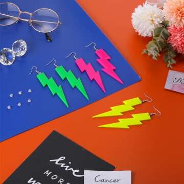 Hicarer 3 Pair 80s 90s Neon Earrings for Women Fluorescent Earring Retro Pendant Acrylic Drop Dangle for Glow Party Outfit(Rose Red, Green, Yellow,Bright Lightning Style)