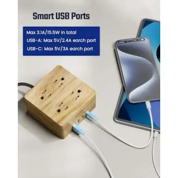 USB Power Strip Surge Protector - SUPERDANNY Desktop Extension Cord with 4 Widely Spaced Outlets & 4 Smart USB Ports, Portable Charging Station for Home, Office, Hotel, Dorm, RV, Faux Wood Grain