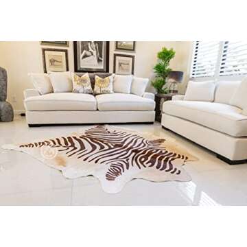 Sunshine Cowhides 100% Genuine Zebra Print Brown on Beige Cowhide Rug - Modern Style Animal Skin Rug & Floor Carpet for Living Room, Bedroom, Kitchen & More - Large (6x6-7ft)