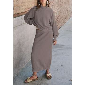 Pink Queen 2 Piece Outfits for Women High Neck Knitted Top Bodycon Midi Skirt Sweater Dresses Going ...