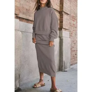 Pink Queen 2 Piece Outfits for Women High Neck Knitted Top Bodycon Midi Skirt Sweater Dresses Going Out Set Grey XL