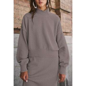 Pink Queen 2 Piece Outfits for Women High Neck Knitted Top Bodycon Midi Skirt Sweater Dresses Going Out Set Grey XL