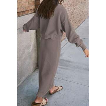 Pink Queen 2 Piece Outfits for Women High Neck Knitted Top Bodycon Midi Skirt Sweater Dresses Going Out Set Grey XL