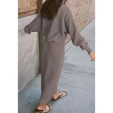 Pink Queen 2 Piece Outfits for Women High Neck Knitted Top Bodycon Midi Skirt Sweater Dresses Going Out Set Grey XL