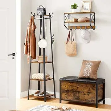 Stylish VASAGLE Coat Rack with 3 Shelves and Hooks for Entryway, Rustic Brown & Black ULCR80X