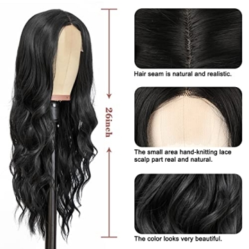 NAYOO Long Black Wavy Wig - 26 Inch Natural Look