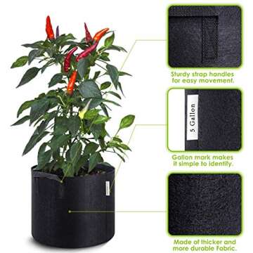 VIPARSPECTRA 10-Pack 5 Gallon Grow Bags - Thickened Nonwoven Aeration Fabric Pots Container with Heavy Duty Durable Handles for Garden Indoor Plants