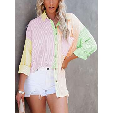 ONIRIKE Womens Long Sleeve Striped Color Block Button Down Boyfriend Oversized Shirt Blouse Tops Orange M