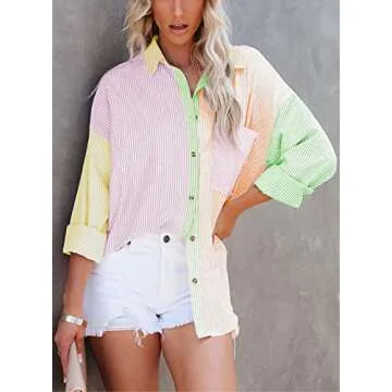 ONIRIKE Womens Long Sleeve Striped Color Block Button Down Boyfriend Oversized Shirt Blouse Tops Orange M