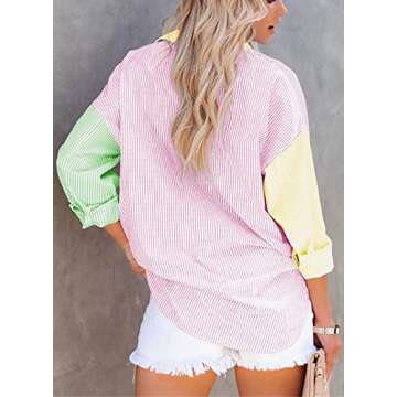 ONIRIKE Womens Long Sleeve Striped Color Block Button Down Boyfriend Oversized Shirt Blouse Tops Orange M