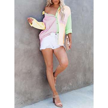 ONIRIKE Womens Long Sleeve Striped Color Block Button Down Boyfriend Oversized Shirt Blouse Tops Orange M