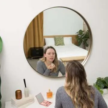 Hamilton Hills 35 inch Large Gold Round Mirror Brushed Metal Framed - Contemporary Classic Deep Set ...