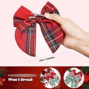 DEEKA 8 PCS Large Red and Green Christmas Themed Hair Bows for Toddler Girls, Handmade Cotton Fabric Hair Accessories