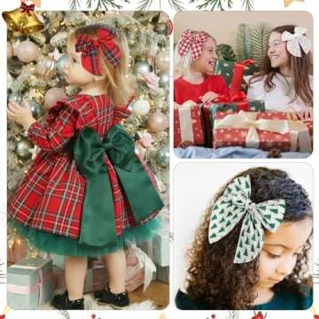 DEEKA 8 PCS Large Red and Green Christmas Themed Hair Bows for Toddler Girls, Handmade Cotton Fabric Hair Accessories