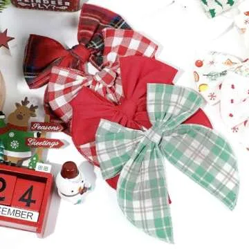 DEEKA 8 PCS Large Red and Green Christmas Themed Hair Bows for Toddler Girls, Handmade Cotton Fabric Hair Accessories