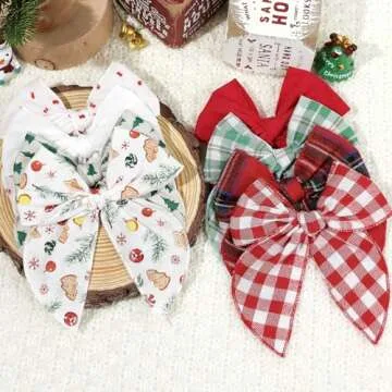 DEEKA 8 PCS Large Red and Green Christmas Themed Hair Bows for Toddler Girls, Handmade Cotton Fabric Hair Accessories