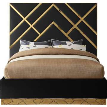 Meridian Furniture VectorBlack-K Vector Collection Modern | Contemporary Velvet Upholstered Bed, Custom Gold Metal Base and Polished Gold Metal Design, 97.5" W x 85.5" D x 68" H, Black, King