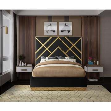 Meridian Furniture VectorBlack-K Vector Collection Modern | Contemporary Velvet Upholstered Bed, Custom Gold Metal Base and Polished Gold Metal Design, 97.5" W x 85.5" D x 68" H, Black, King