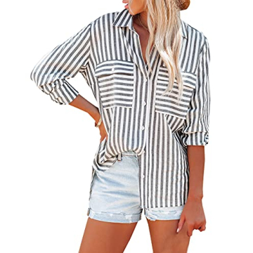 Stylish OMSJ Striped Button Down Shirt for Women