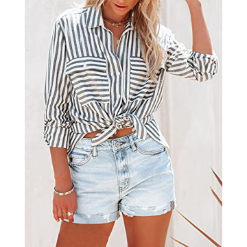Stylish OMSJ Striped Button Down Shirt for Women