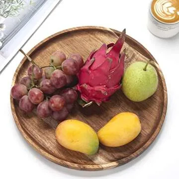 YANGQIHOME Round Wood Tray, Wooden Serving Tray, Acacia Plates, Appetizer Charcuterie Board, Tray Organizer for Kitchen/Countertop, 11.8 x 11.8 x 0.8 inch