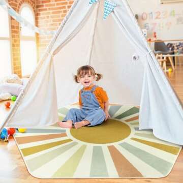 STARUIA Boho Washable Rug for Kids Play Room, 4'x 4'7" Hexagon Tent Colorful Sun Nursery Corner Rug for Girls Boys, Ultra Soft Non-Slip Sunshine Carpet Play Rug for Princess Room Decor Classroom
